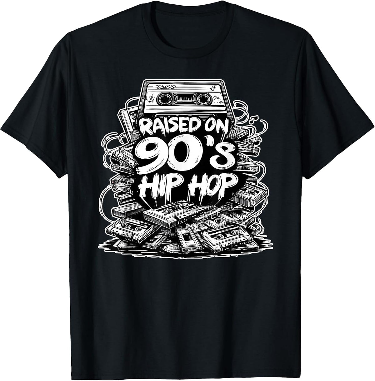 Raised ON 90s Hip HOP Cassette Tape Graffiti Rap T-Shirt