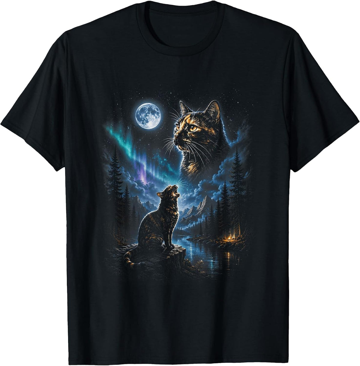 Tortoiseshell Cat Howling at Moon Vintage Cat Halloween T-Shirt