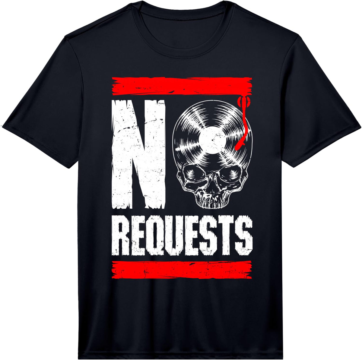 Men's No Requests DJ Turntable Vinyl Record Gothic Skull Performance T-Shirt