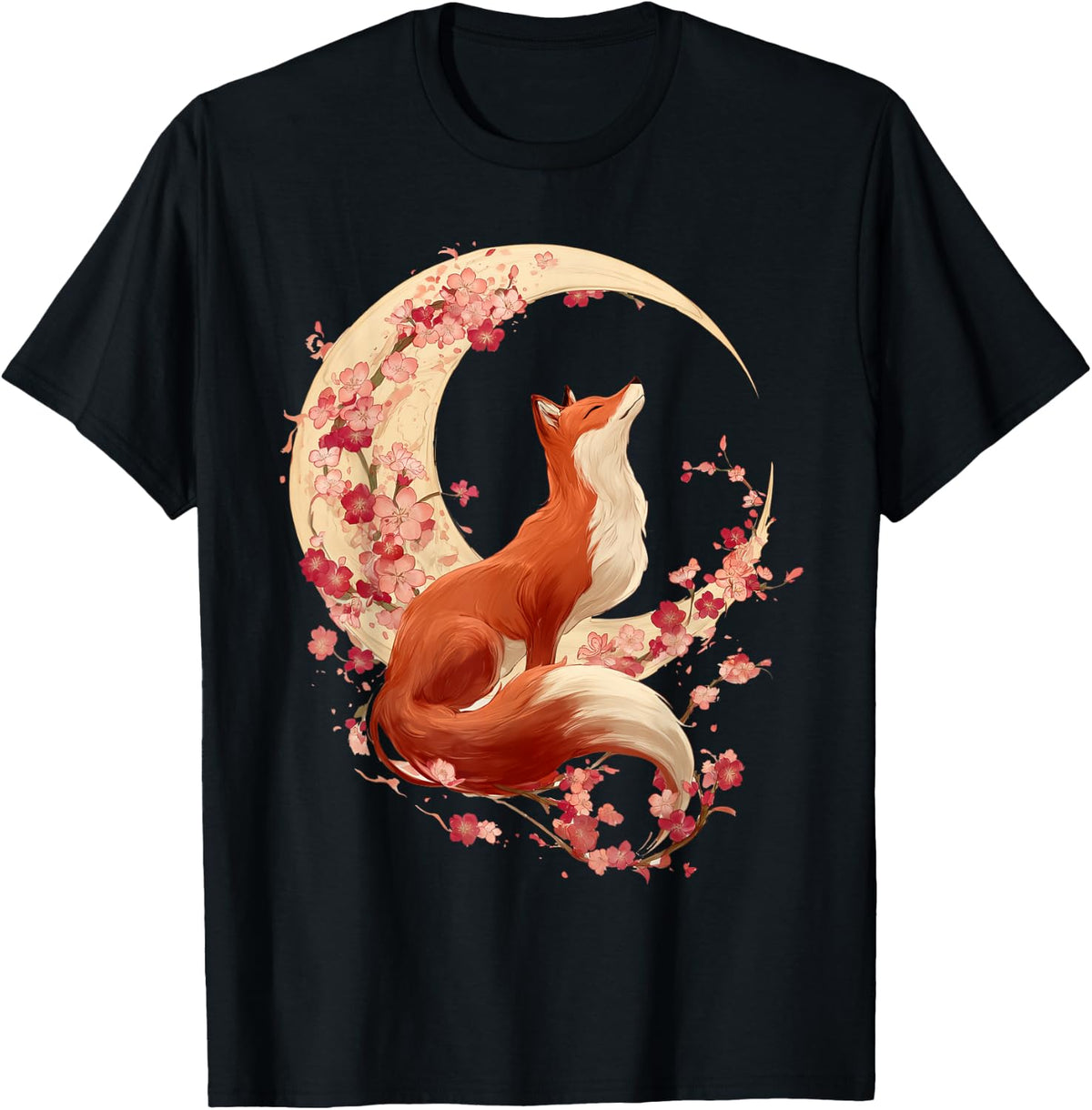 Japanese Fox Kitsune with Crescent Moon & Cherry Blossoms T-Shirt