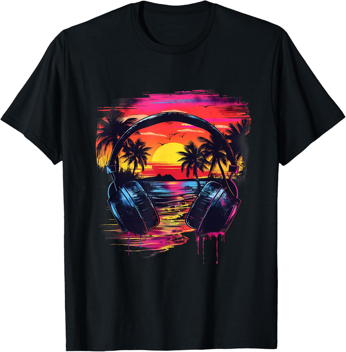 Headphones Music DJ House Music EDM Sunset Beatmaker Techno T-Shirt