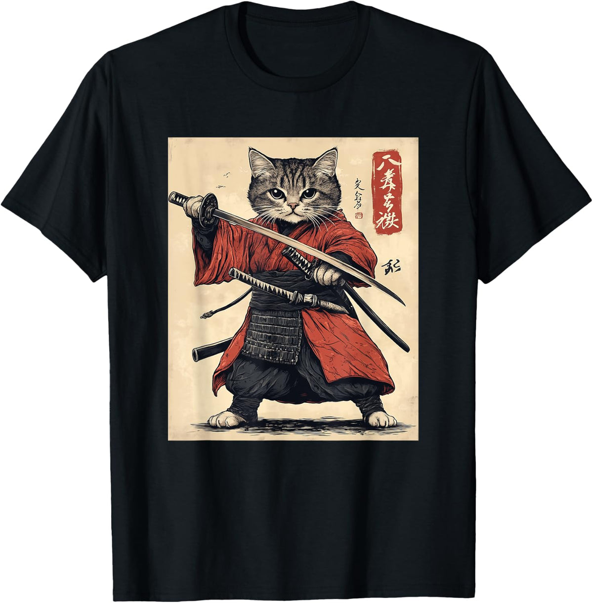 Samurai Cat T-Shirt - Japanese Art Style Warrior Graphic Tee T-Shirt
