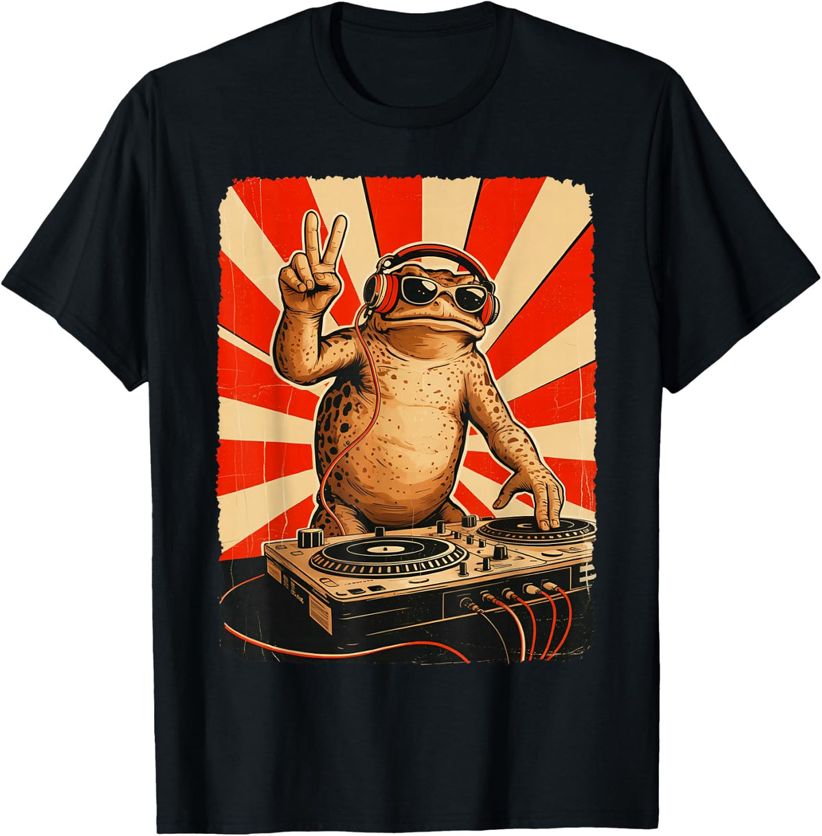 Funny DJ Frog Mixing Records with Turntables Retro Rave Toad T-Shirt