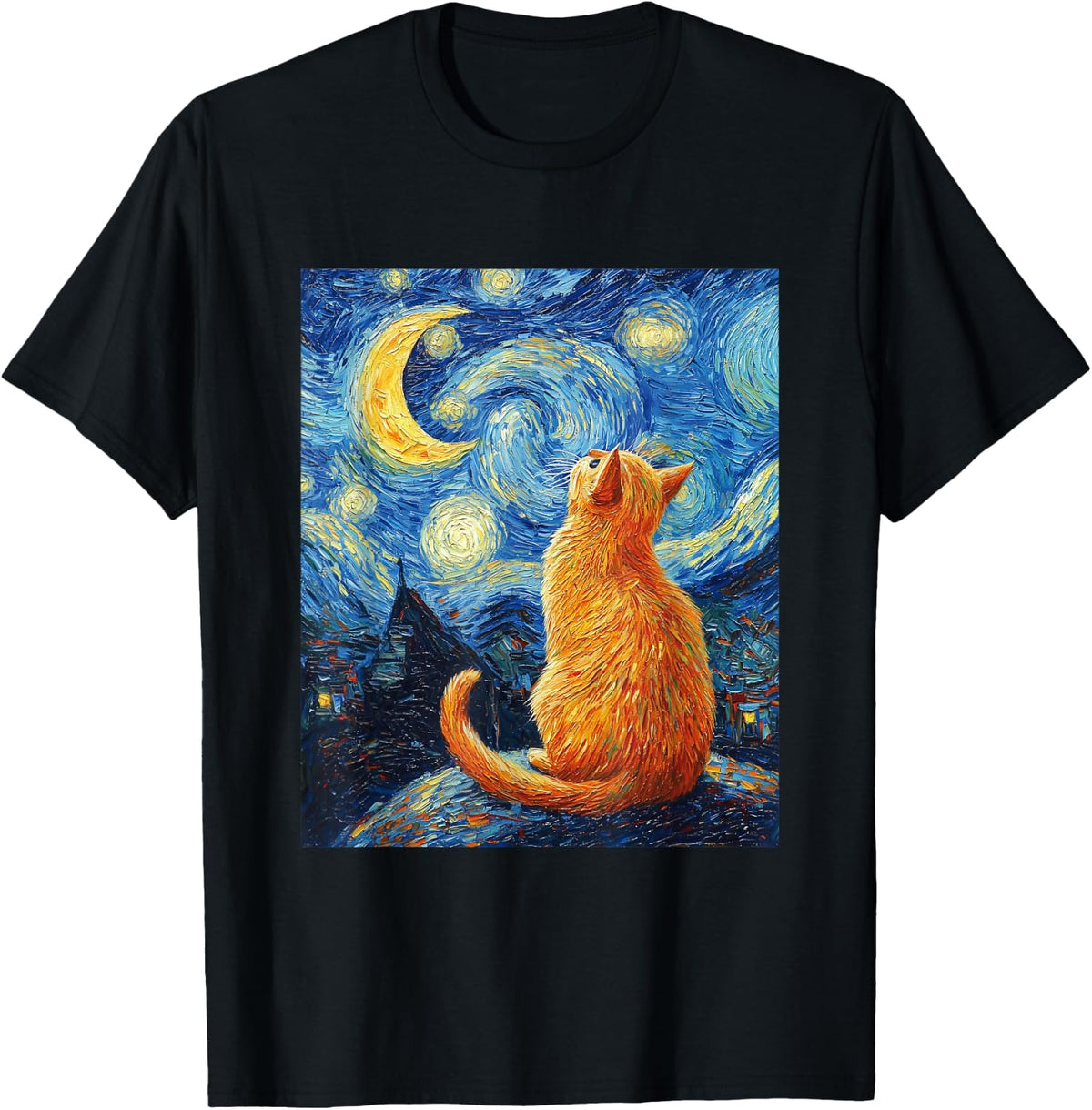 Cat Van Gogh Style Starry Night Art Funny Graphic T-Shirt