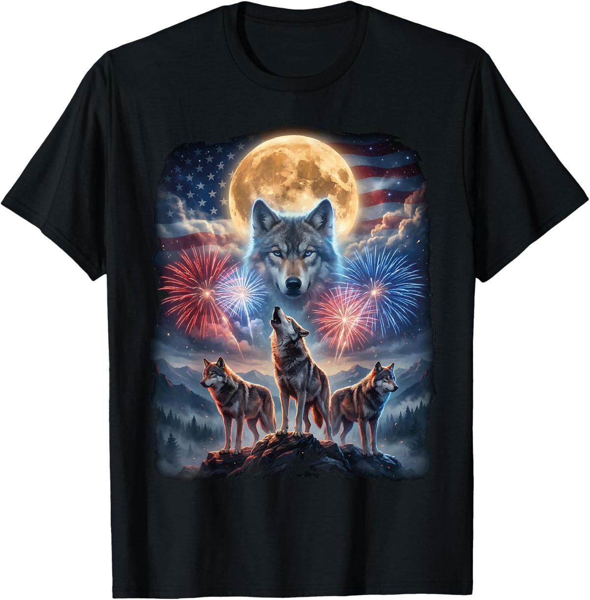 4th of July Wolf Howling at Moon Fireworks USA Wolf Lovers T-Shirt