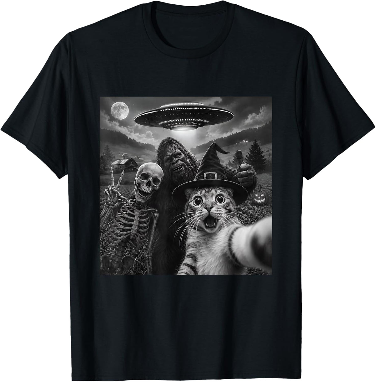 Cat Selfie with Bigfoot Skeleton Alien UFO Funny Cat Lover T-Shirt