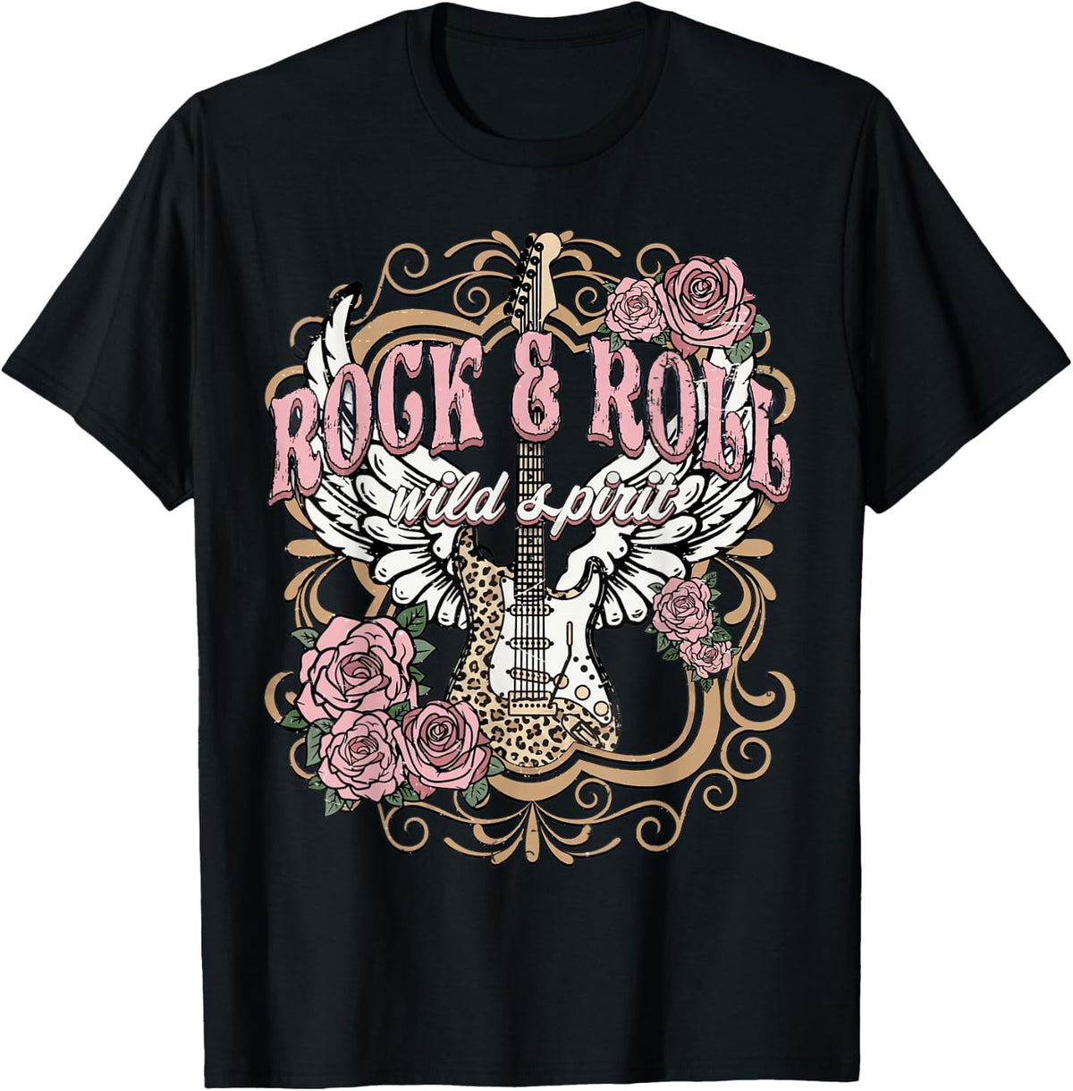 Vintage Rock n Roll Wild Spirit Lets Rock Guitar Floral T-Shirt