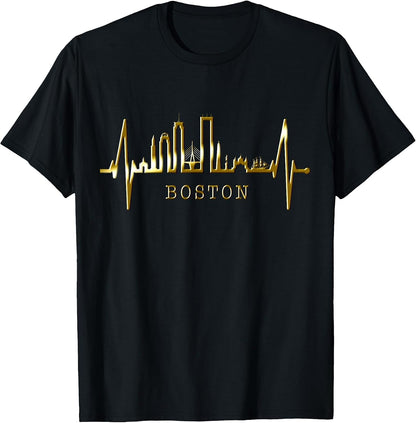 Boston Skyline Heartbeat Silhouette Heart I Love Boston MA T-Shirt
