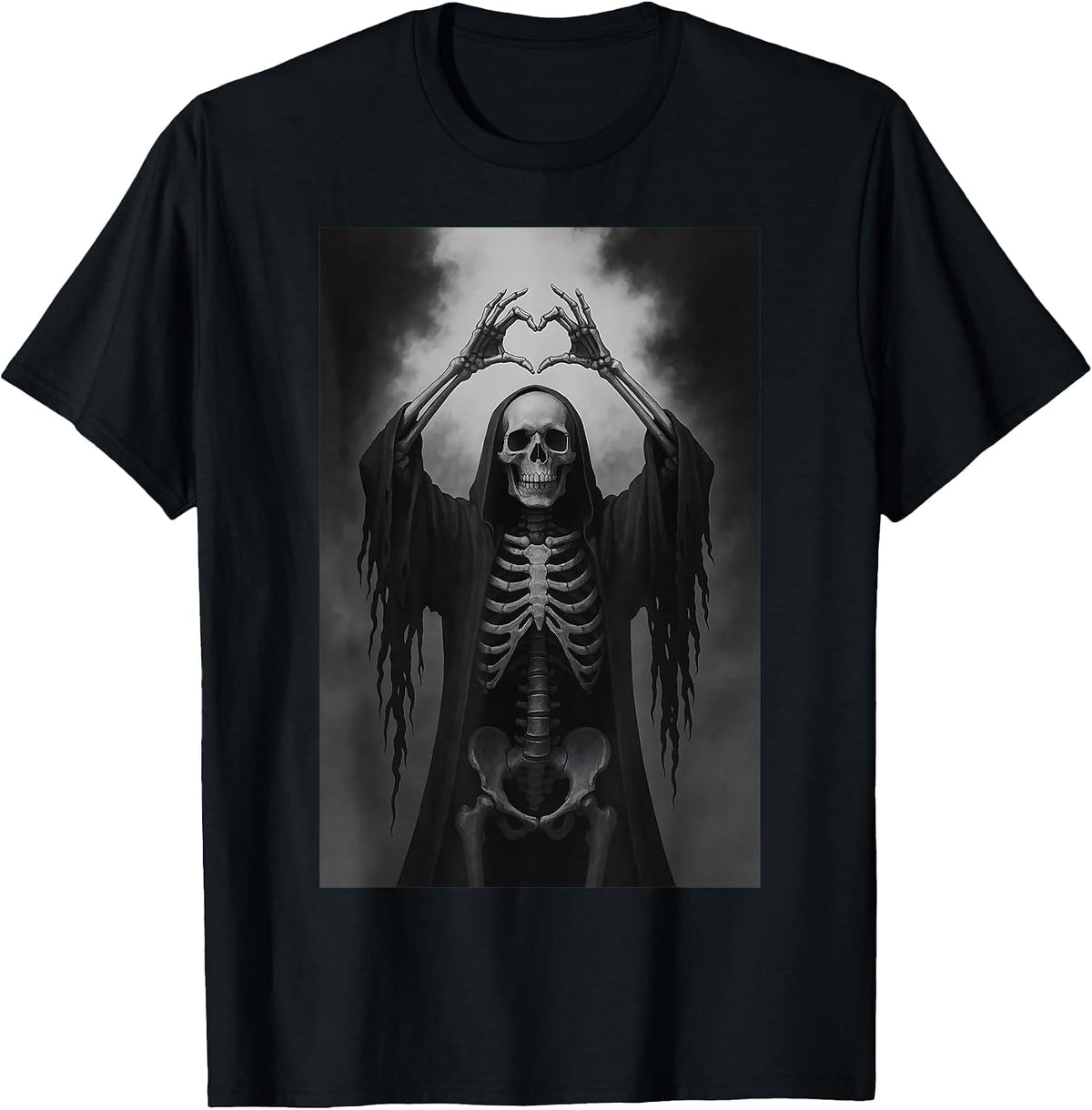 Skeleton Hands Heart Sign Scary Face Funny Halloween Costume T-Shirt