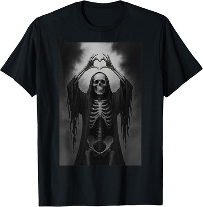 Skeleton Hands Heart Sign Scary Face Funny Halloween Costume T-Shirt