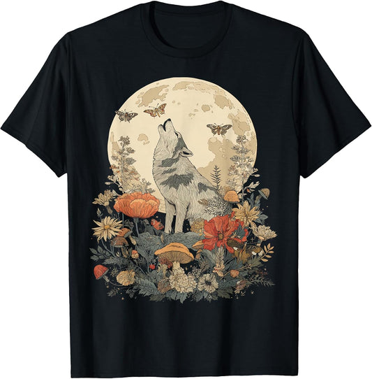 Vintage Cottagecore Aesthetic Moon Phase Wolf Howling T-Shirt
