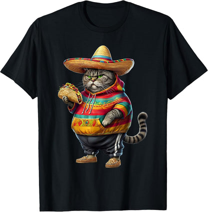 Funny Fat Cat Cinco De Mayo Fat Kitten Cat with Taco Mexican T-Shirt