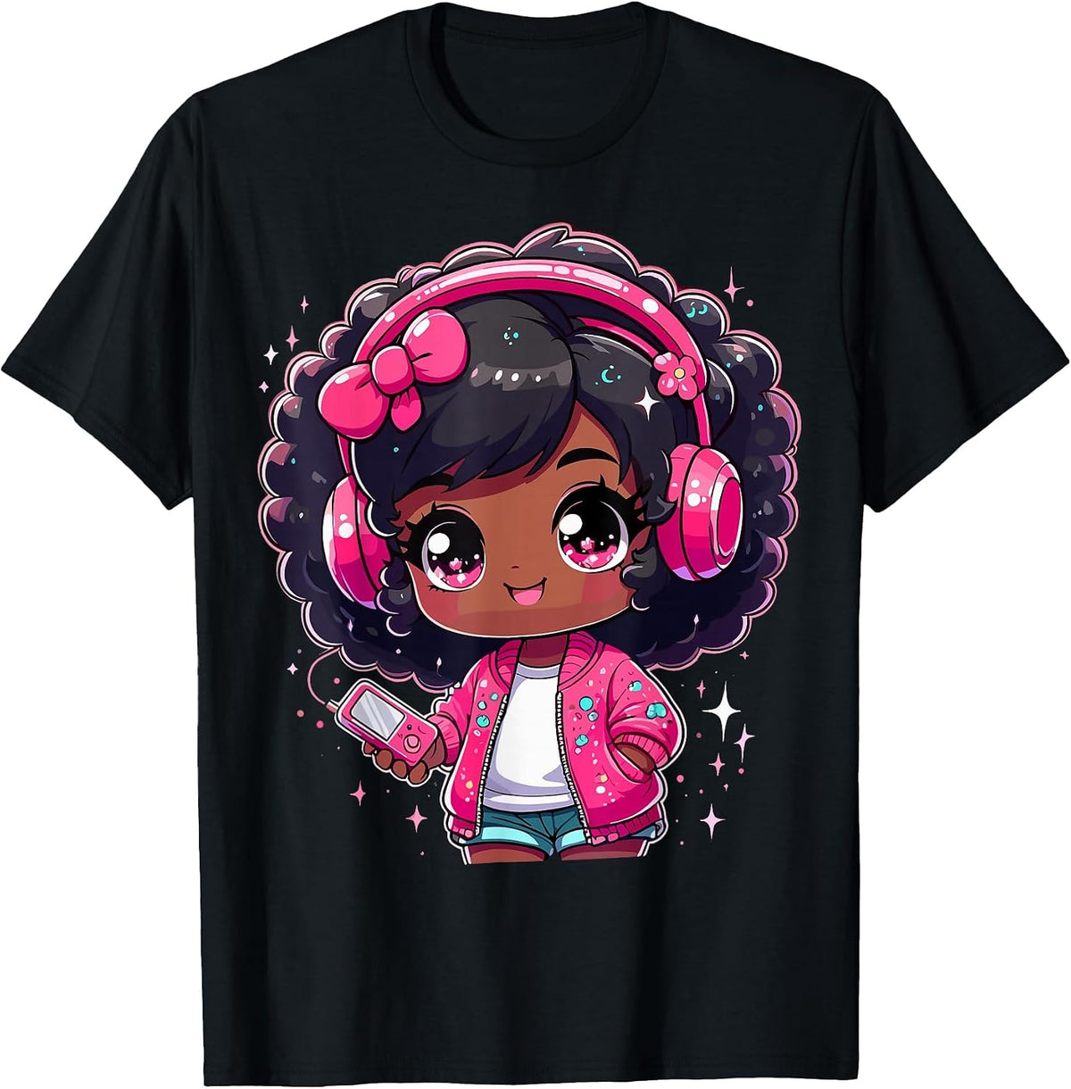 Black Girl Anime Music Headphones T-Shirt