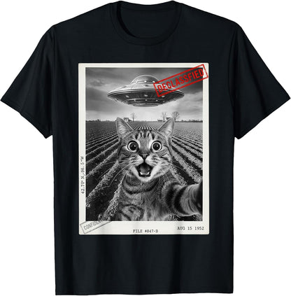 Cat Selfie UFO Alien Funny Surprised Cat Meme Men Women Kid T-Shirt