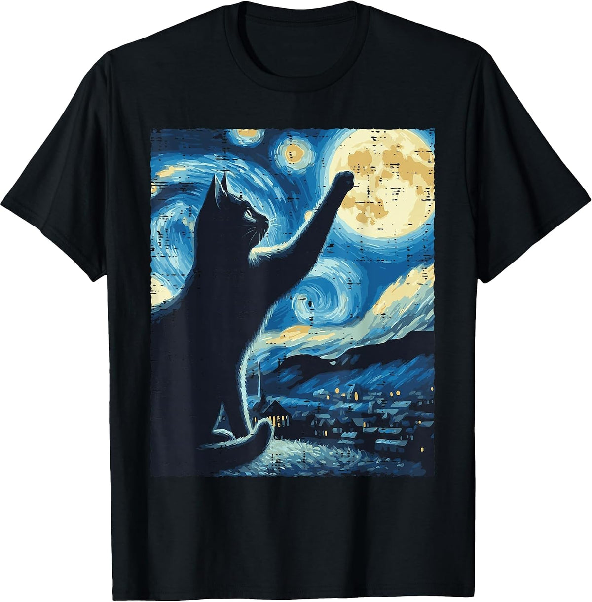 Cat Reaching Moon Starry Night Funny Kitten Men Women Kids T-Shirt