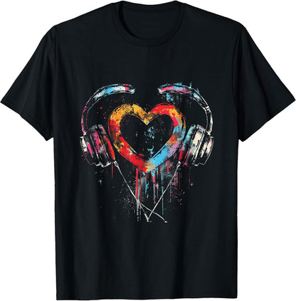 Headphones Music DJ Artwork Heart Music Lover Techno EDM T-Shirt