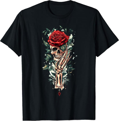 Skeleton Hand Holding Rose Flower Red Rose T-Shirt