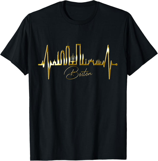 Boston Skyline Heartbeat Silhouette Heart I Love Boston MA T-Shirt