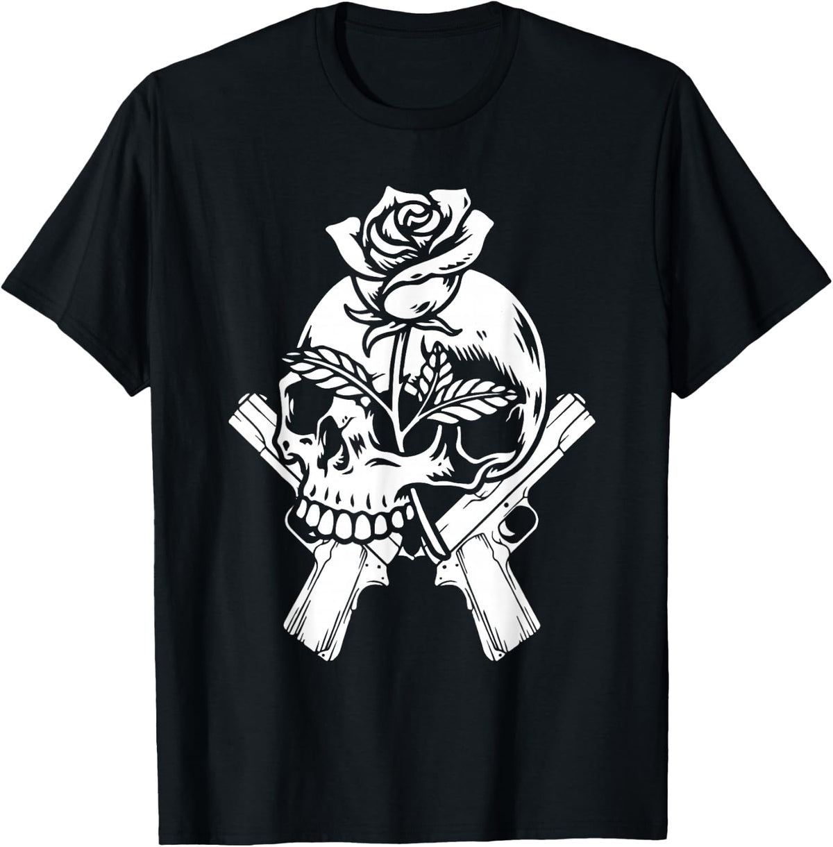 Guitar 1980s - 80s Glam Rock Skeleton Skull Roses Guns T-Shirt