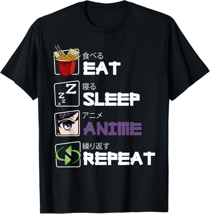 Eat Sleep Anime Repeat Kawaii Otaku Manga Japan Fan Kanji T-Shirt