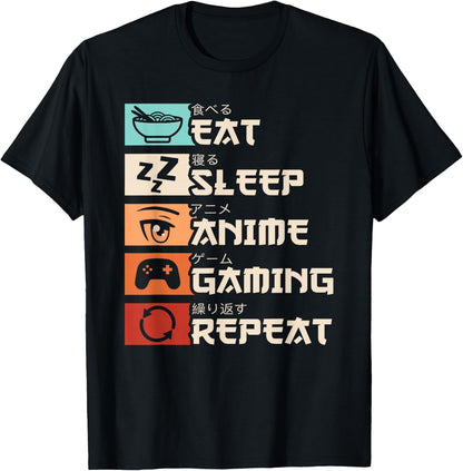 Eat Sleep Anime Gaming Repeat Retro Anime Lover Men Boys T-Shirt