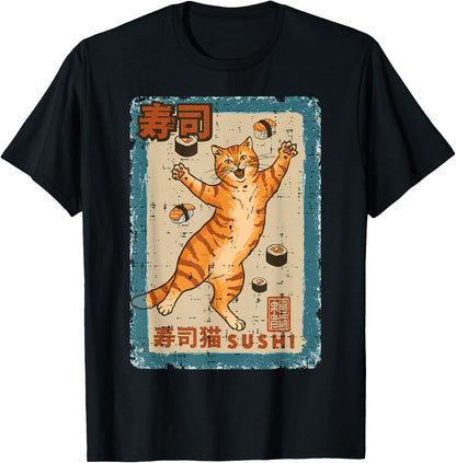 Orange Cat Jumping with Sushi Japanese Food Men Women Kids T-Shirt
