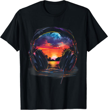 Headphones Music DJ Sunset EDM Beatmaker Techno House Music T-Shirt