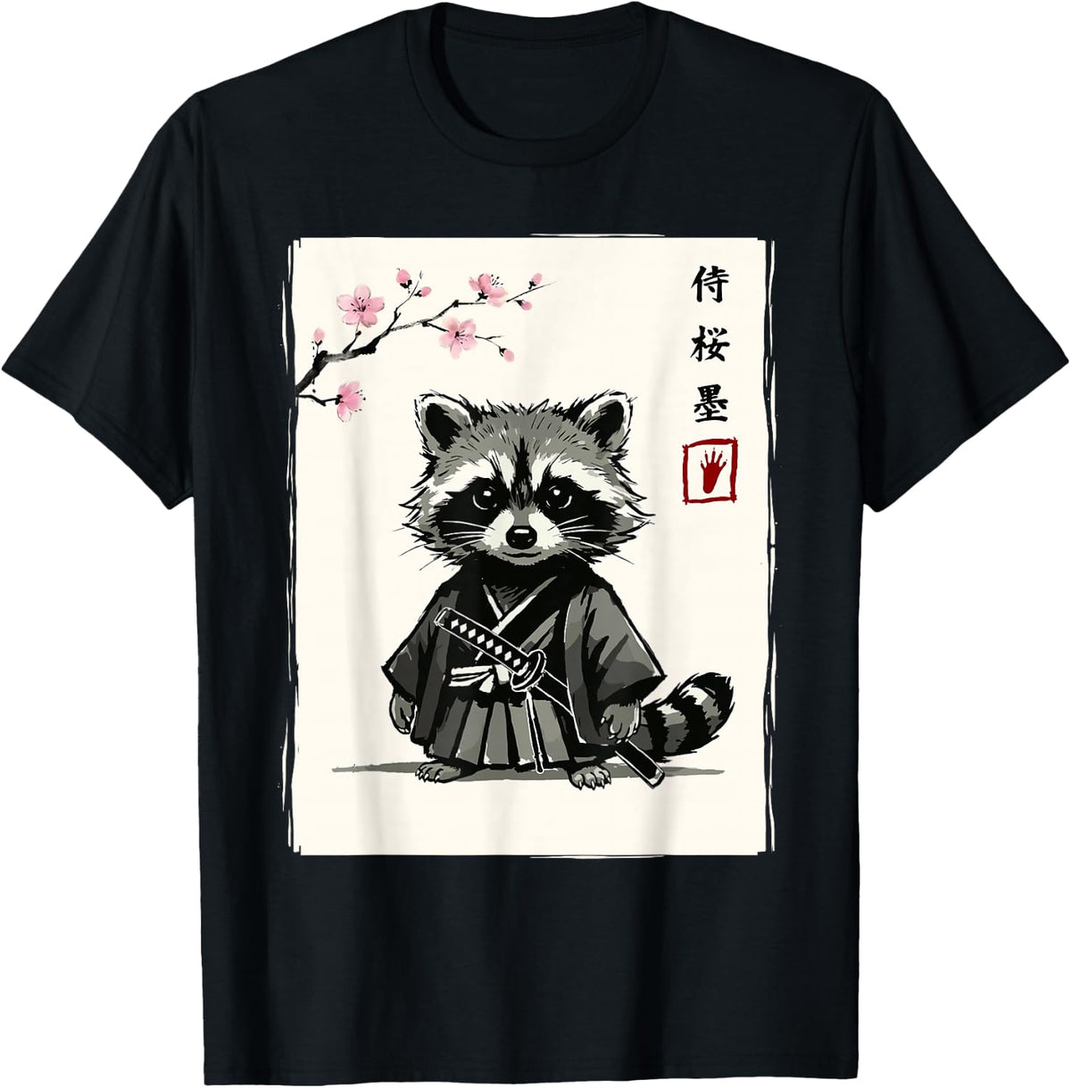Japanese Art Kawaii Samurai Sakura Funny Raccoon T-Shirt