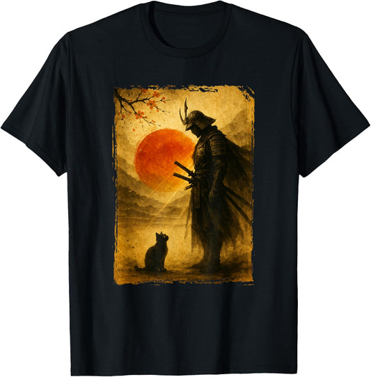 Vintage Japanese Art Samurai Warrior Black Cat T Shirts Tees for Men and Women