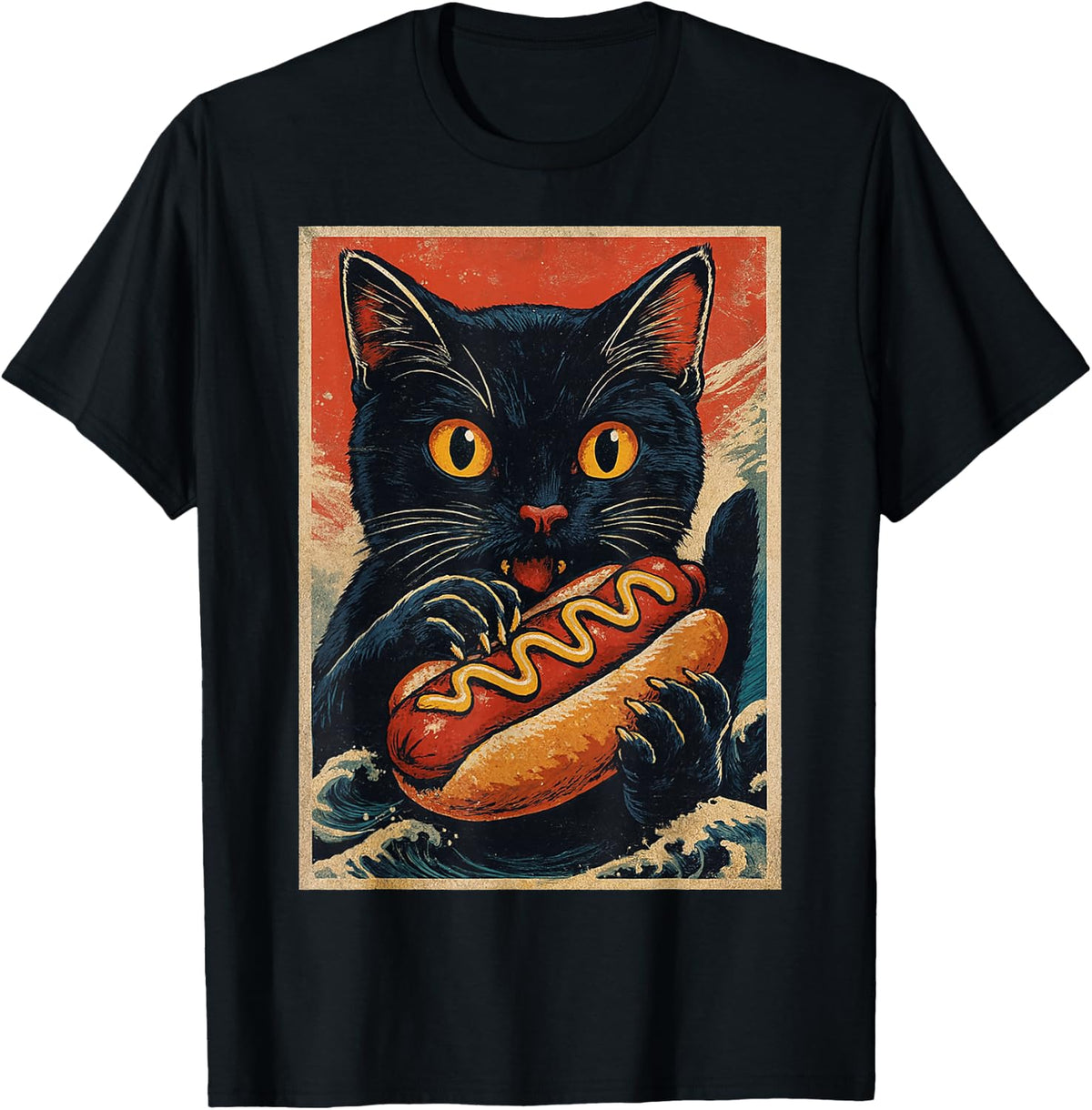 Funny Black Cat Eating Hot Dog Retro Japanese T-Shirt