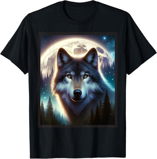 Wolf Icy Moon Galaxy Hunting Ground Grey Wolves Forest T-Shirt
