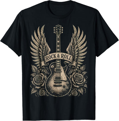 Rock'n Roll Guitar Wings Flames Roses Classic Music Lover T-Shirt