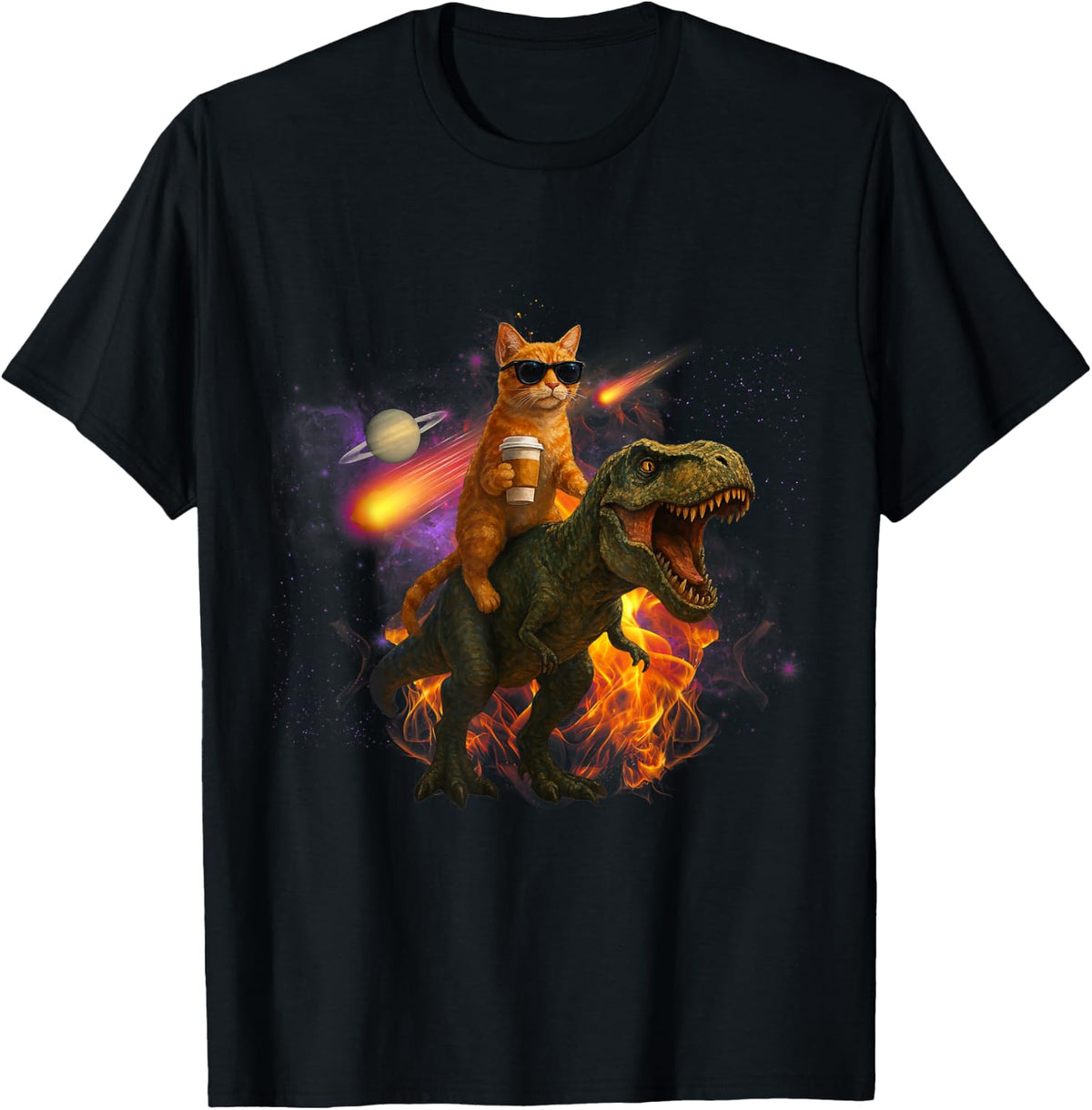 Cosmic Coffee Cat, Funny Stargazing Feline with T-Rex & UFO T-Shirt