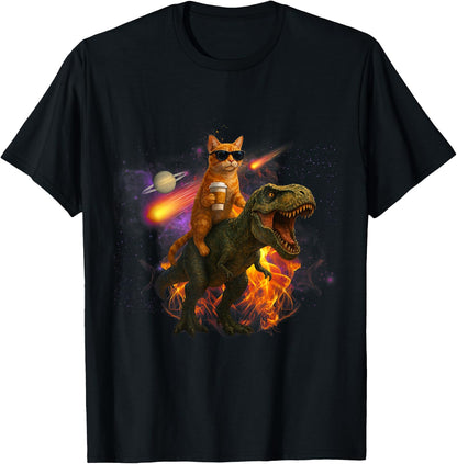Cosmic Coffee Cat, Funny Stargazing Feline with T-Rex & UFO T-Shirt